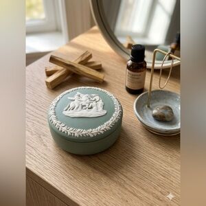 Vintage Wedgwood Sage Green Jasperware Round Trinket Box - Pegasus & Muses